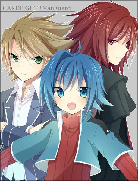 Anime picture 764x1000 with cardfight!! vanguard sendo aichi kai toshiki suzugamori ren izumi39 long hair tall image looking at viewer blush short hair open mouth blue eyes simple background smile red eyes brown hair green eyes blue hair ahoge red hair