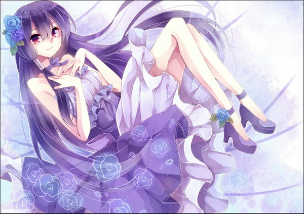 Anime picture 3035x2149 with original michan single long hair looking at viewer highres smile purple eyes bare shoulders absurdres purple hair barefoot hair flower girl dress hair ornament flower (flowers) shoes hair tubes