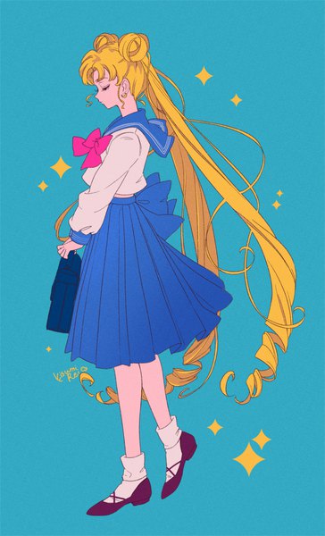 Anime picture 1754x2894 with bishoujo senshi sailor moon toei animation tsukino usagi kisumi rei single tall image highres simple background blonde hair twintails signed full body eyes closed very long hair profile pleated skirt hair bun (hair buns) drill hair aqua background girl