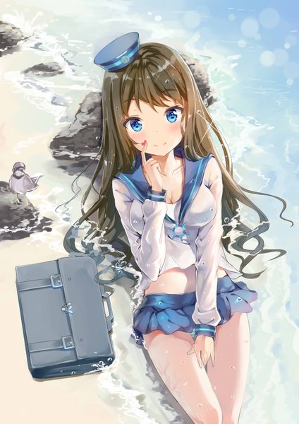 Anime picture 2480x3507 with original splendour single long hair tall image looking at viewer blush fringe highres breasts blue eyes light erotic smile brown hair payot outdoors lying long sleeves pleated skirt from above
