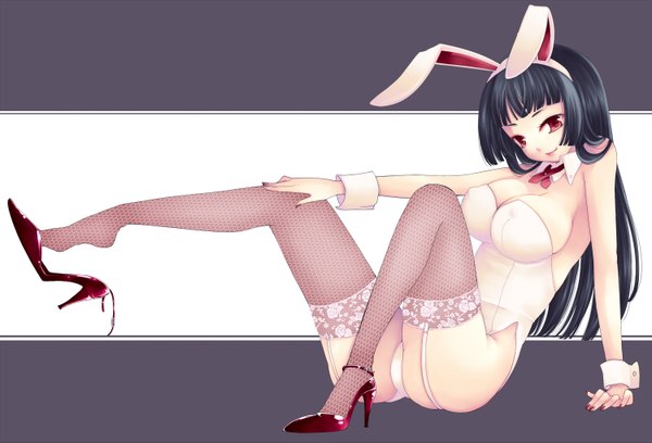 Anime picture 1500x1021 with original momoyama nozomu single long hair light erotic black hair simple background smile red eyes sitting animal ears bunny ears underwear only bunny girl girl thighhighs underwear panties bow hair bow