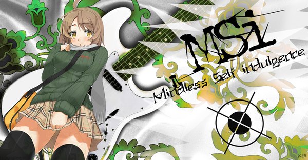 Anime picture 2000x1043 with k.g single blush highres brown hair wide image yellow eyes ahoge girl thighhighs skirt uniform school uniform necktie scarf guitar