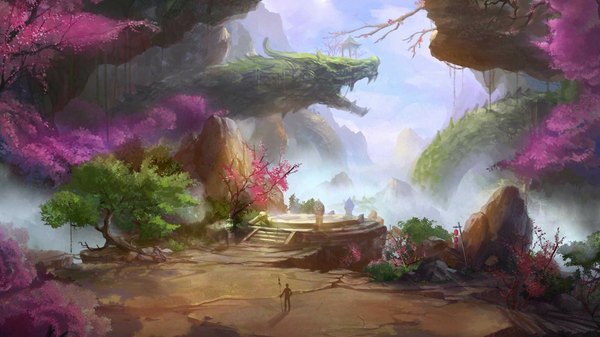 Anime picture 1920x1080 with original iris (artist) highres wide image sky cloud (clouds) cherry blossoms mountain landscape silhouette rock fog weapon plant (plants) tree (trees) lantern stairs dragon spear statue