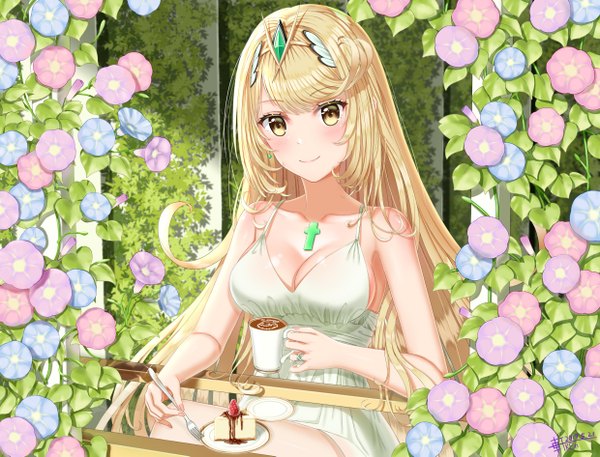 Anime picture 2480x1890 with xenoblade xenoblade 2 mythra (xenoblade) ken-san single long hair looking at viewer blush fringe highres breasts light erotic blonde hair smile hair between eyes large breasts sitting bare shoulders holding signed