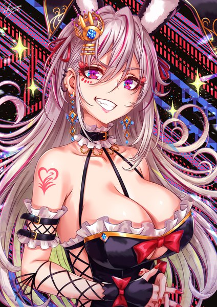 Anime picture 1500x2121 with original sakiyamama single long hair tall image looking at viewer fringe breasts light erotic smile hair between eyes large breasts purple eyes signed animal ears cleavage silver hair upper body nail polish multicolored hair