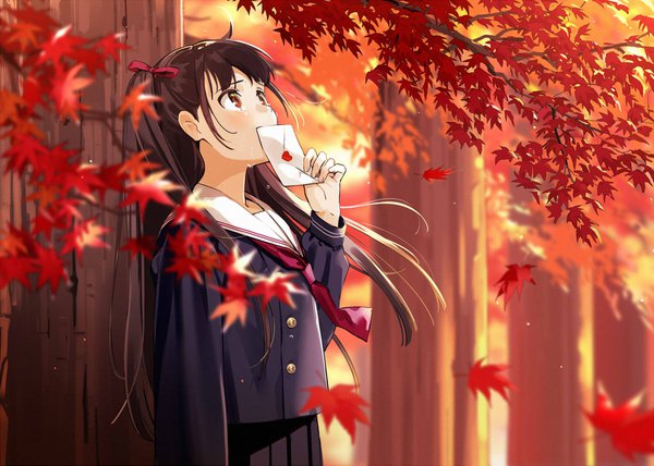 Anime picture 1500x1071 with original urata asao single long hair brown hair standing brown eyes upper body outdoors tears one side up looking up covered mouth autumn girl uniform bow plant (plants) hair bow tree (trees)