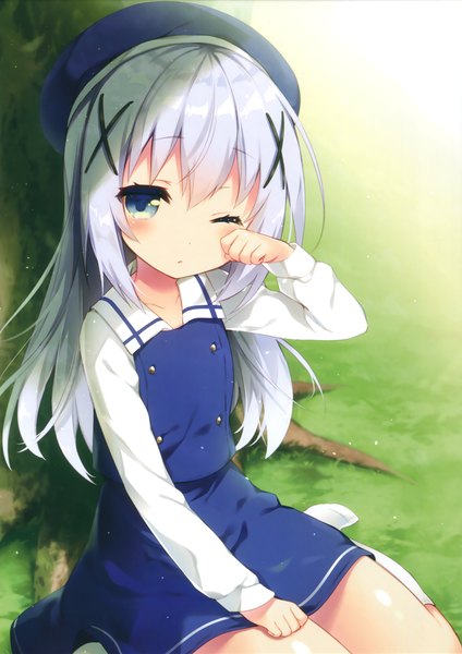 Anime picture 2334x3300 with gochuumon wa usagi desu ka? white fox kafuu chino riichu single long hair tall image looking at viewer blush highres blue eyes white hair one eye closed scan girl dress plant (plants) tree (trees) x hair ornament beret