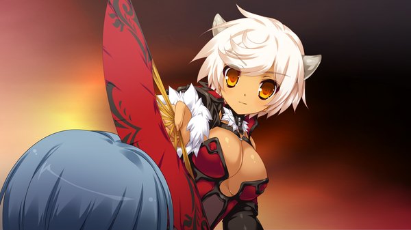 Anime picture 1280x720 with blades heart (game) short hair breasts light erotic wide image game cg white hair orange eyes girl fan