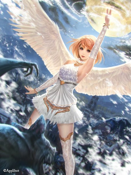 Anime picture 850x1133 with legend of the cryptids minmi lie-on single tall image looking at viewer fringe short hair breasts blue eyes blonde hair sky cloud (clouds) parted lips arm up lips armpit (armpits) zettai ryouiki magic eyeshadow