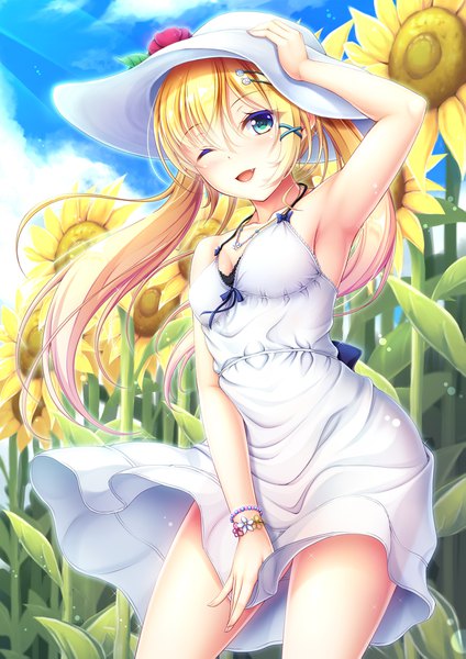 Anime picture 1447x2047 with original hiro (725611) single long hair tall image looking at viewer blush fringe breasts open mouth blue eyes blonde hair smile hair between eyes standing twintails payot sky cleavage cloud (clouds)