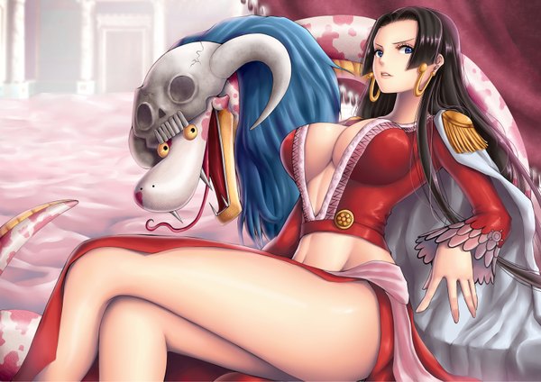 Anime picture 1654x1169 with one piece toei animation boa hancock salome (one piece) yumiyokiak long hair breasts blue eyes light erotic black hair large breasts sitting looking away cleavage crossed legs girl earrings skull snake