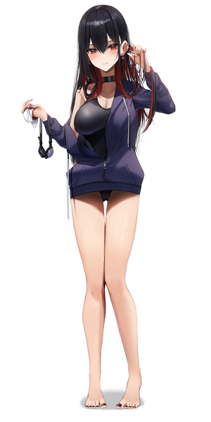Anime picture 1750x3500 with original amane sora single long hair tall image looking at viewer blush fringe highres breasts light erotic black hair simple background hair between eyes red eyes large breasts standing white background holding full body