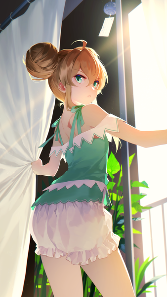 Anime picture 2000x3550 with romantic saga of beauty & devil daye bie qia lian single tall image looking at viewer blush fringe highres short hair blonde hair hair between eyes standing bare shoulders green eyes payot ahoge indoors looking back from behind sunlight