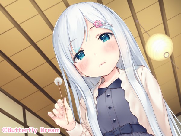 Anime picture 1120x840 with original pokachu single long hair looking at viewer blush blue eyes white hair inscription loli girl dress hairclip mimikaki