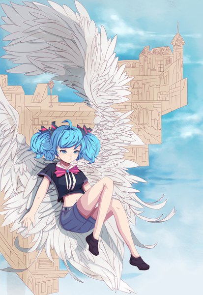 Anime picture 2362x3425 with vocaloid hatsune miku ke shiyong fanqie jun single tall image looking at viewer fringe highres short hair twintails cloud (clouds) full body ahoge bent knee (knees) aqua eyes aqua hair short sleeves midriff short twintails alternate hairstyle