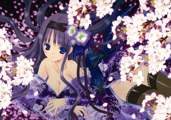 Anime picture 5754x4037 with original nanase aoi single long hair looking at viewer highres blue eyes light erotic black hair absurdres traditional clothes japanese clothes scan girl thighhighs dress flower (flowers) black thighhighs petals hairband