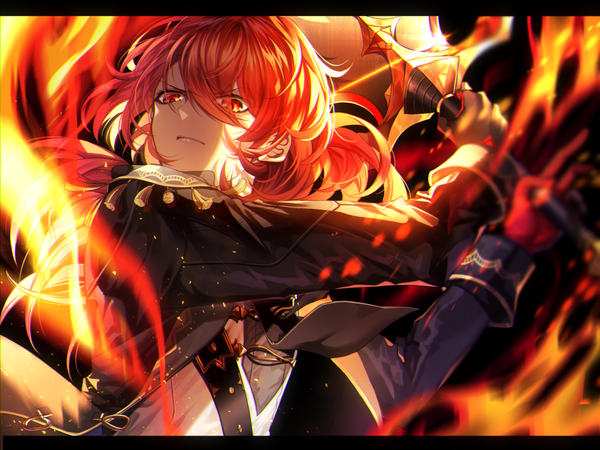 Anime picture 1000x750 with genshin impact diluc ragnvindr urashima (hidoro mgmg) single long hair fringe hair between eyes red eyes upper body ponytail red hair letterboxed >:( boy tassel fire