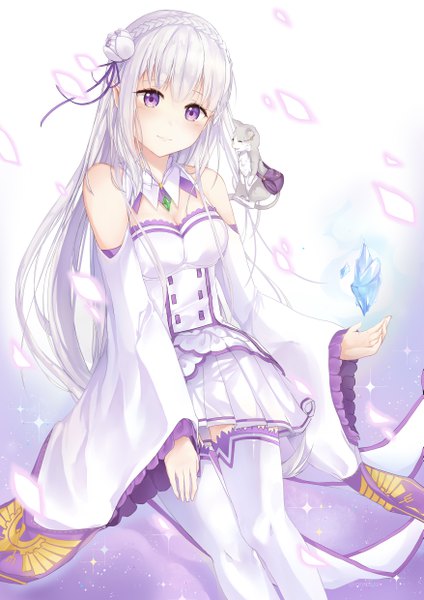 Anime picture 3507x4960 with re:zero kara hajimeru isekai seikatsu white fox emilia (re:zero) puck (re:zero) oretsuu single long hair tall image blush fringe highres breasts simple background smile hair between eyes large breasts white background purple eyes bare shoulders looking away