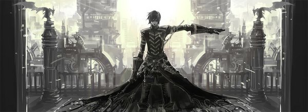 Anime picture 1100x402 with code geass sunrise (studio) lelouch lamperouge tagme (artist) single short hair black hair wide image city cityscape boy gloves statue