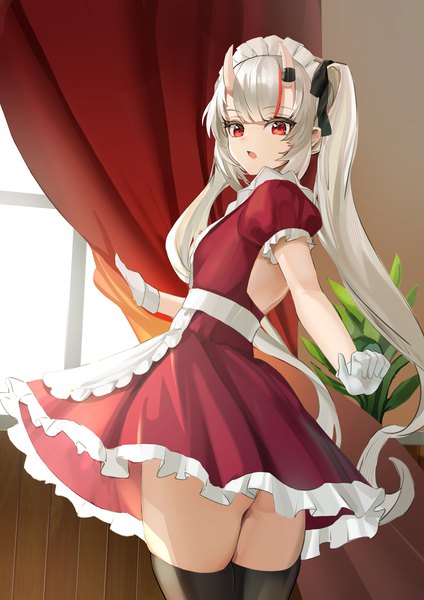 Anime picture 2067x2923 with virtual youtuber hololive nakiri ayame shancha single long hair tall image looking at viewer fringe highres open mouth light erotic red eyes standing twintails holding payot silver hair indoors blunt bangs