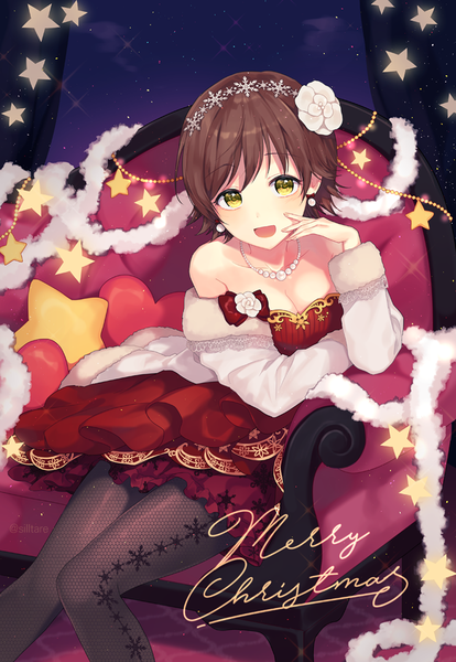 Anime picture 759x1100 with idolmaster idolmaster cinderella girls honda mio silltare single tall image looking at viewer blush short hair breasts open mouth smile brown hair sitting green eyes cloud (clouds) :d hair flower off shoulder night