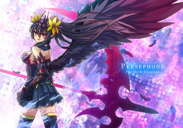 Anime picture 1280x895 with puzzle & dragons persephone (p&d) rocknroll (artist) single long hair blush fringe breasts black hair pink eyes looking back pointy ears inscription black wings girl dress skirt wings armor black dress