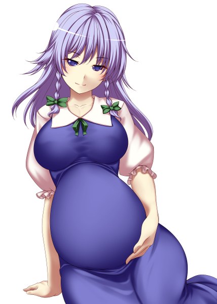Anime picture 857x1200 with touhou izayoi sakuya tro single long hair tall image looking at viewer blush simple background white background purple eyes purple hair light smile pregnant girl