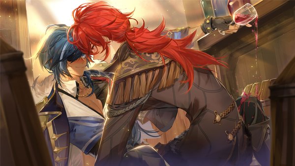 Anime picture 2133x1200 with genshin impact diluc ragnvindr kaeya alberich kdmj long hair blush highres blue eyes red eyes wide image blue hair red hair profile multiple boys low ponytail face to face shounen ai pouring boy 2 boys