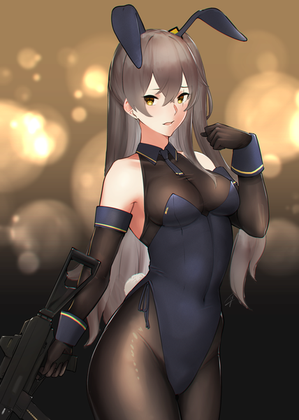 Anime picture 2976x4175 with girls frontline ump45 (girls frontline) hayabusa single long hair tall image looking at viewer blush fringe highres breasts open mouth light erotic simple background hair between eyes brown hair large breasts standing bare shoulders holding