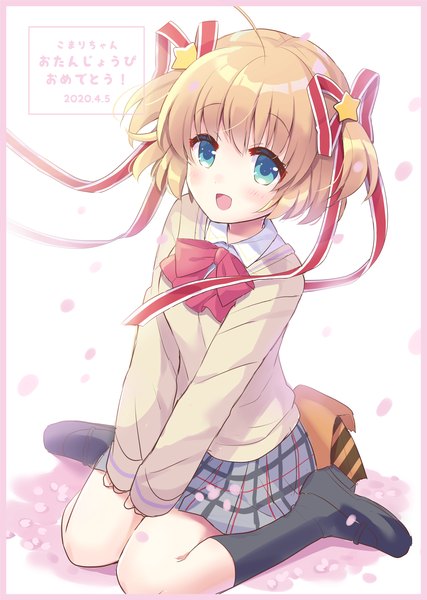 Anime picture 1500x2110 with little busters! key (studio) kamikita komari hoshimame mana single tall image blush short hair open mouth blue eyes blonde hair sitting :d from above two side up character names dated wariza plaid skirt happy birthday