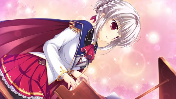 Anime picture 1024x576 with himegoto masquerade mikeou short hair red eyes wide image game cg white hair girl uniform school uniform cape piano