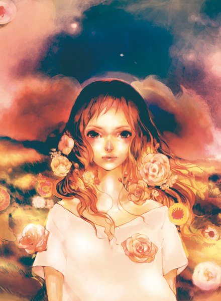 Anime picture 1500x2044 with original nogaru (artist) single long hair tall image brown eyes sky cloud (clouds) red hair hair flower girl hair ornament flower (flowers)