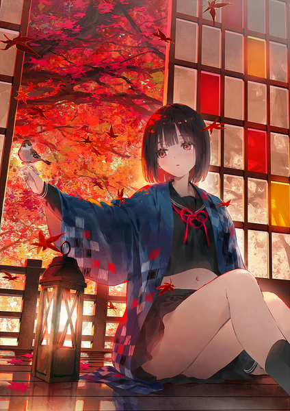 Anime picture 636x900 with original dsmile single tall image fringe short hair open mouth black hair red eyes sitting looking away indoors blunt bangs long sleeves traditional clothes japanese clothes wide sleeves autumn bird on hand girl