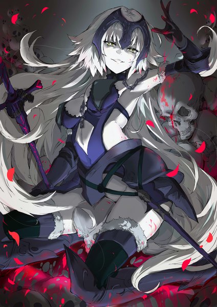 Anime picture 3307x4677 with fate (series) fate/grand order jeanne d'arc (fate) (all) jeanne d'arc alter (fate) jeanne d'arc alter (avenger) (third ascension) (fate) shanyao jiang tororo single tall image looking at viewer fringe highres breasts light erotic yellow eyes absurdres silver hair very long hair parted lips arm up kneeling