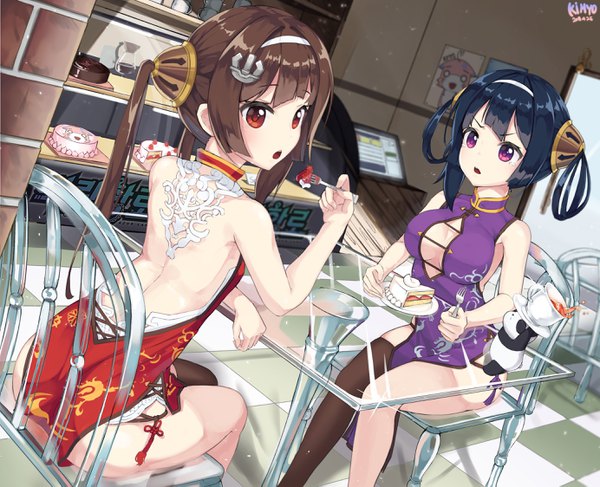 Anime picture 2768x2247 with azur lane ping hai (azur lane) ning hai (azur lane) kimyo long hair blush highres breasts light erotic brown hair large breasts sitting purple eyes bare shoulders multiple girls brown eyes signed payot blue hair looking away