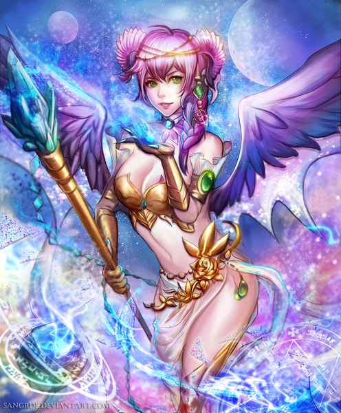 Anime picture 1200x1450 with sangrde single long hair tall image light erotic green eyes looking away pink hair horn (horns) magic girl hair ornament wings staff