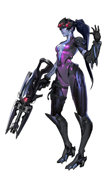 Anime picture 900x1451 with overwatch blizzard entertainment widowmaker (overwatch) amelie lacroix (overwatch) tagme (artist) single long hair tall image simple background white background yellow eyes blue hair cleavage ponytail lips blue skin girl gloves weapon gun