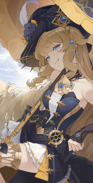 Anime picture 2480x4863 with genshin impact navia (genshin impact) gmirror1 single long hair tall image looking at viewer fringe highres breasts blue eyes blonde hair smile bare shoulders sky cloud (clouds) head tilt drill hair :q girl