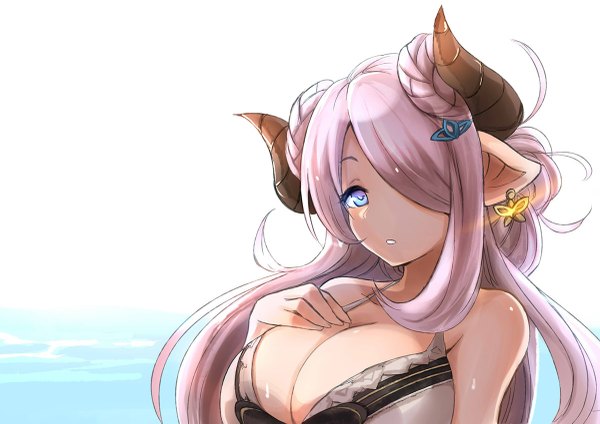 Anime picture 1200x849 with granblue fantasy narmaya (granblue fantasy) narmaya (summer) (granblue fantasy) luse maonang single long hair looking at viewer blush fringe breasts blue eyes light erotic white background pink hair cleavage upper body braid (braids) parted lips horn (horns) pointy ears