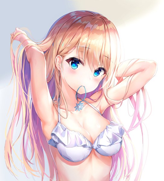 Anime picture 1089x1200 with girls frontline suomi kp31 (girls frontline) dana (hapong07) single long hair tall image looking at viewer blush fringe breasts blue eyes light erotic simple background blonde hair hair between eyes large breasts holding cleavage upper body sunlight