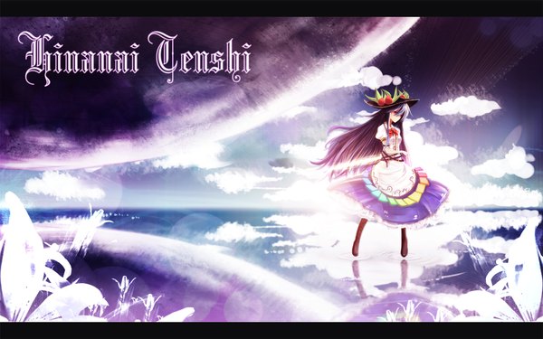 Anime picture 1920x1200 with touhou hinanawi tenshi eva200499 single long hair highres red eyes wide image blue hair letterboxed girl dress hat planet