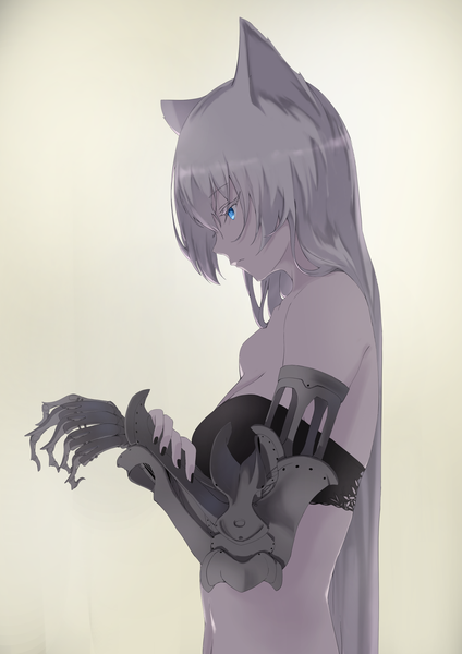 Anime picture 1447x2047 with original mikisai single long hair tall image fringe breasts light erotic simple background animal ears silver hair upper body nail polish profile grey background looking down holding arm mechanical arms girl navel