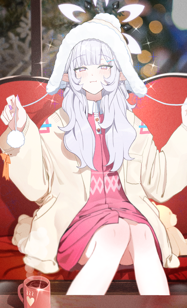 Anime picture 1400x2306 with blue archive himari (blue archive) zanya 000 single long hair tall image looking at viewer blush fringe sitting white hair indoors blunt bangs nail polish pointy ears open clothes sparkle silver eyes girl hair ornament