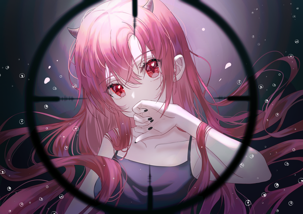Anime picture 3508x2480 with original boori988 single long hair looking at viewer fringe highres simple background hair between eyes red eyes pink hair absurdres upper body nail polish head tilt arm up horn (horns) fingernails floating hair dark background