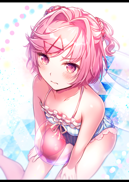 Anime picture 641x900 with doki doki literature club natsuki (doki doki literature club) aicedrop single tall image looking at viewer blush short hair light erotic sitting signed pink hair bent knee (knees) pink eyes from above blurry two side up alternate costume embarrassed wariza