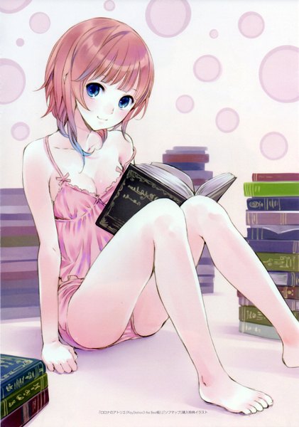 Anime picture 2042x2908 with atelier (series) atelier rorona gust (company) rororina fryxell kishida mel tall image looking at viewer blush highres short hair blue eyes light erotic sitting head tilt multicolored hair barefoot light smile legs girl book (books)