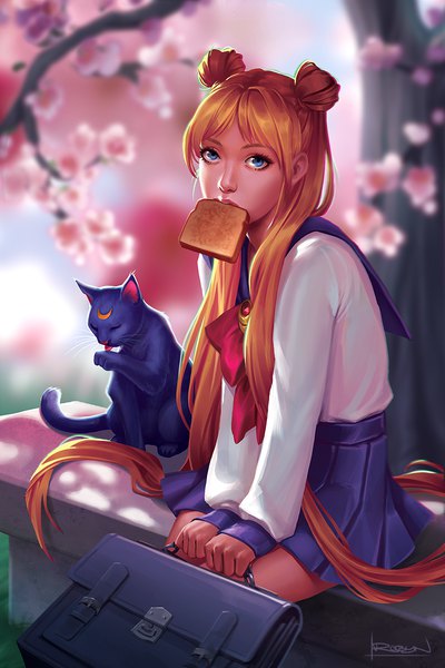 Anime picture 840x1260 with bishoujo senshi sailor moon toei animation tsukino usagi luna (sailor moon) robyn lau single long hair tall image looking at viewer fringe blue eyes blonde hair sitting holding signed outdoors pleated skirt blurry realistic hair bun (hair buns)