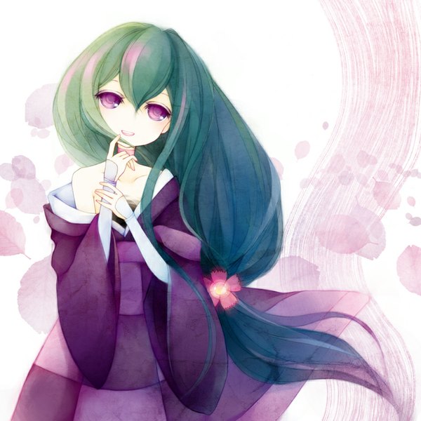 Anime picture 800x800 with katanagatari white fox yasuri nanami pallhkari parikari single long hair fringe smile standing bare shoulders looking away tail long sleeves traditional clothes head tilt japanese clothes pink eyes hair flower green hair