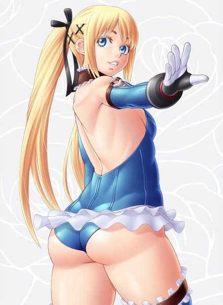 Anime picture 881x1200 with dead or alive marie rose masato single long hair tall image looking at viewer blue eyes light erotic blonde hair smile bare shoulders ass ponytail looking back outstretched arm girl thighhighs gloves bow
