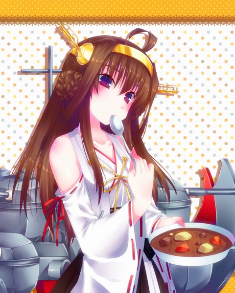 Anime picture 800x1000 with kantai collection kongou battleship door to heaven single long hair tall image blush brown hair purple eyes bare shoulders ahoge traditional clothes nontraditional miko girl hair ornament weapon detached sleeves food spoon